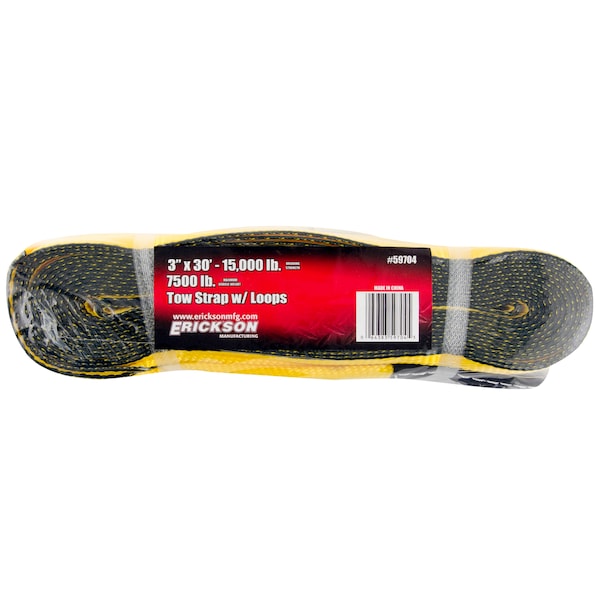 3X30Ft 15, 000lb Tow Strap Yel W/ Blk Wear Material In Loops Bulk